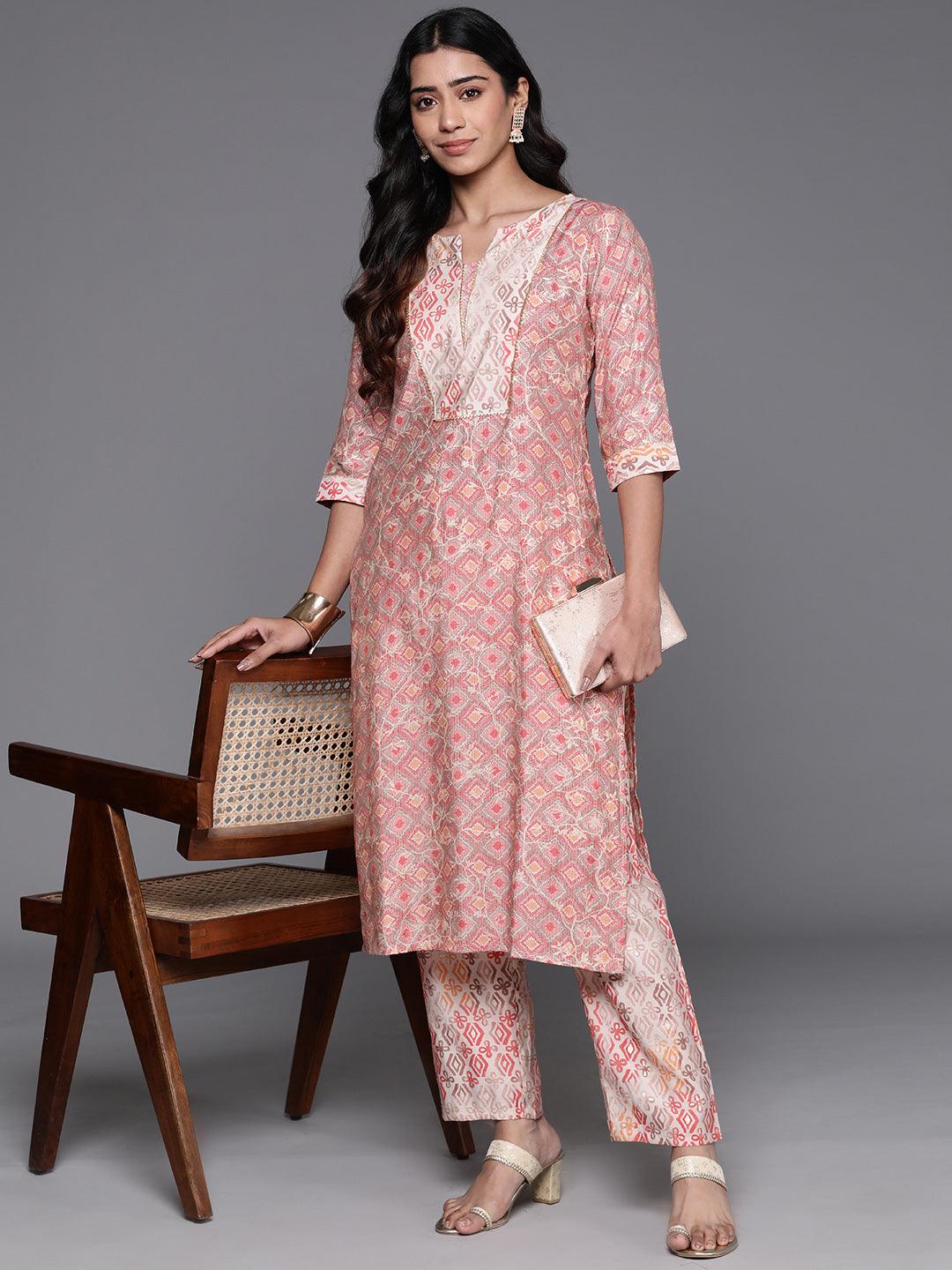 Peach Printed Silk Blend Straight Kurta With Trousers - Libas 