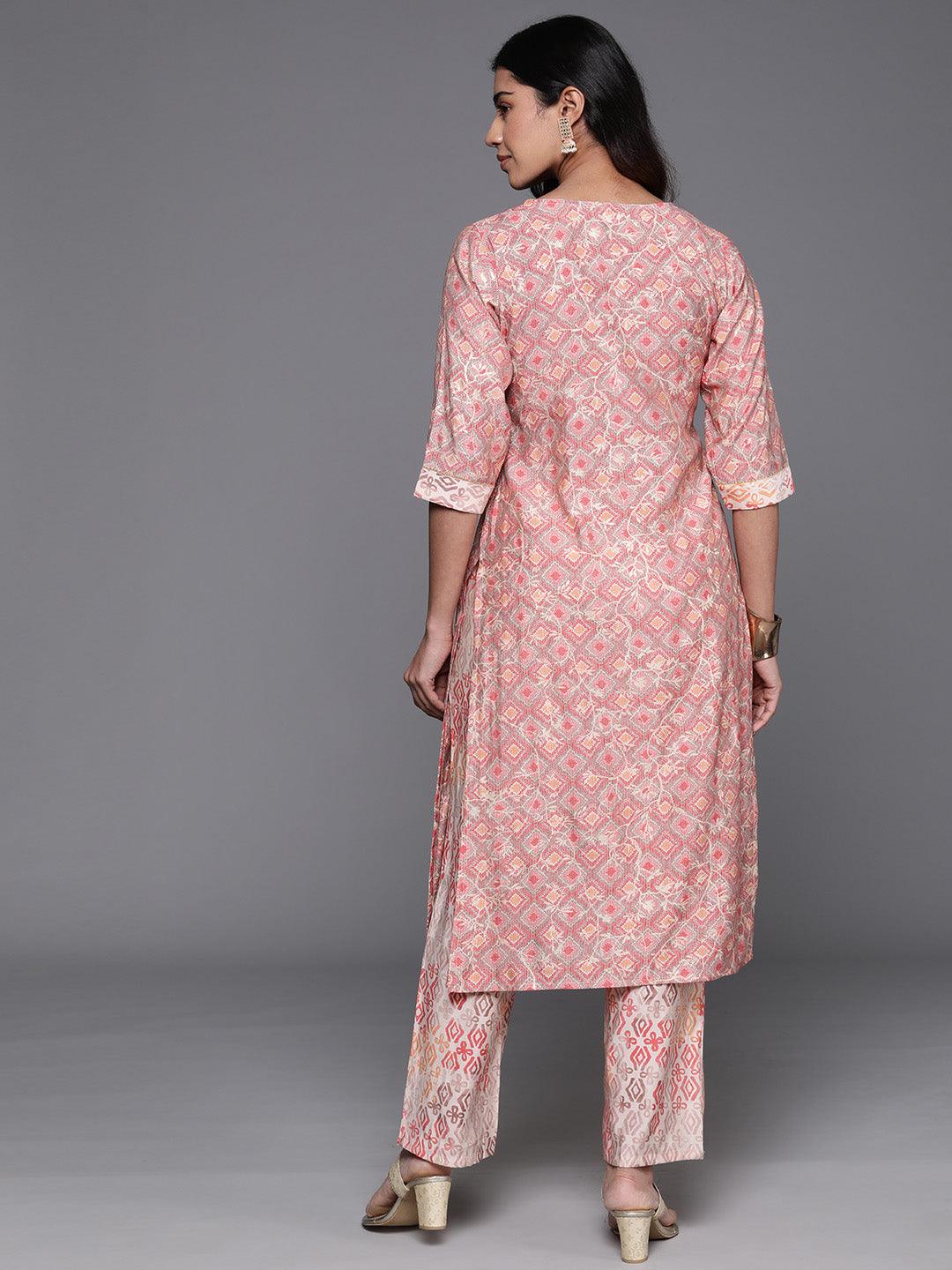 Peach Printed Silk Blend Straight Kurta With Trousers - Libas