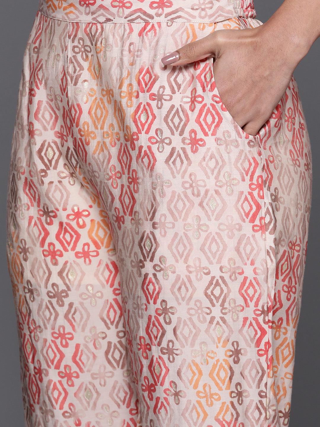 Peach Printed Silk Blend Straight Kurta With Trousers - Libas 