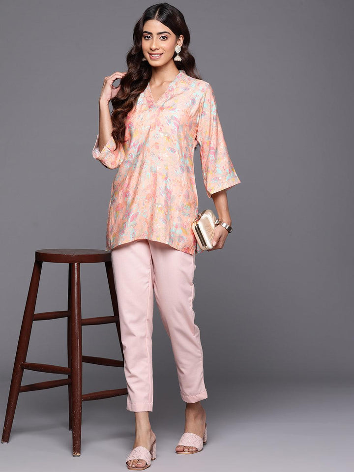 Peach Printed Silk Blend Straight Kurti - Libas