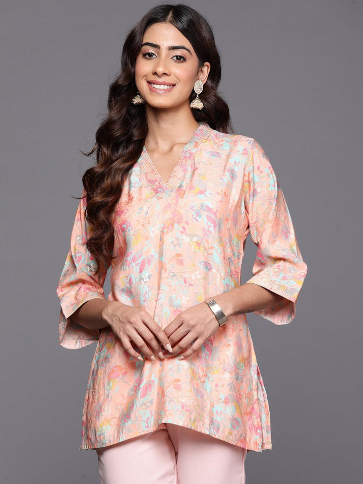 Peach Printed Silk Blend Straight Kurti - Libas