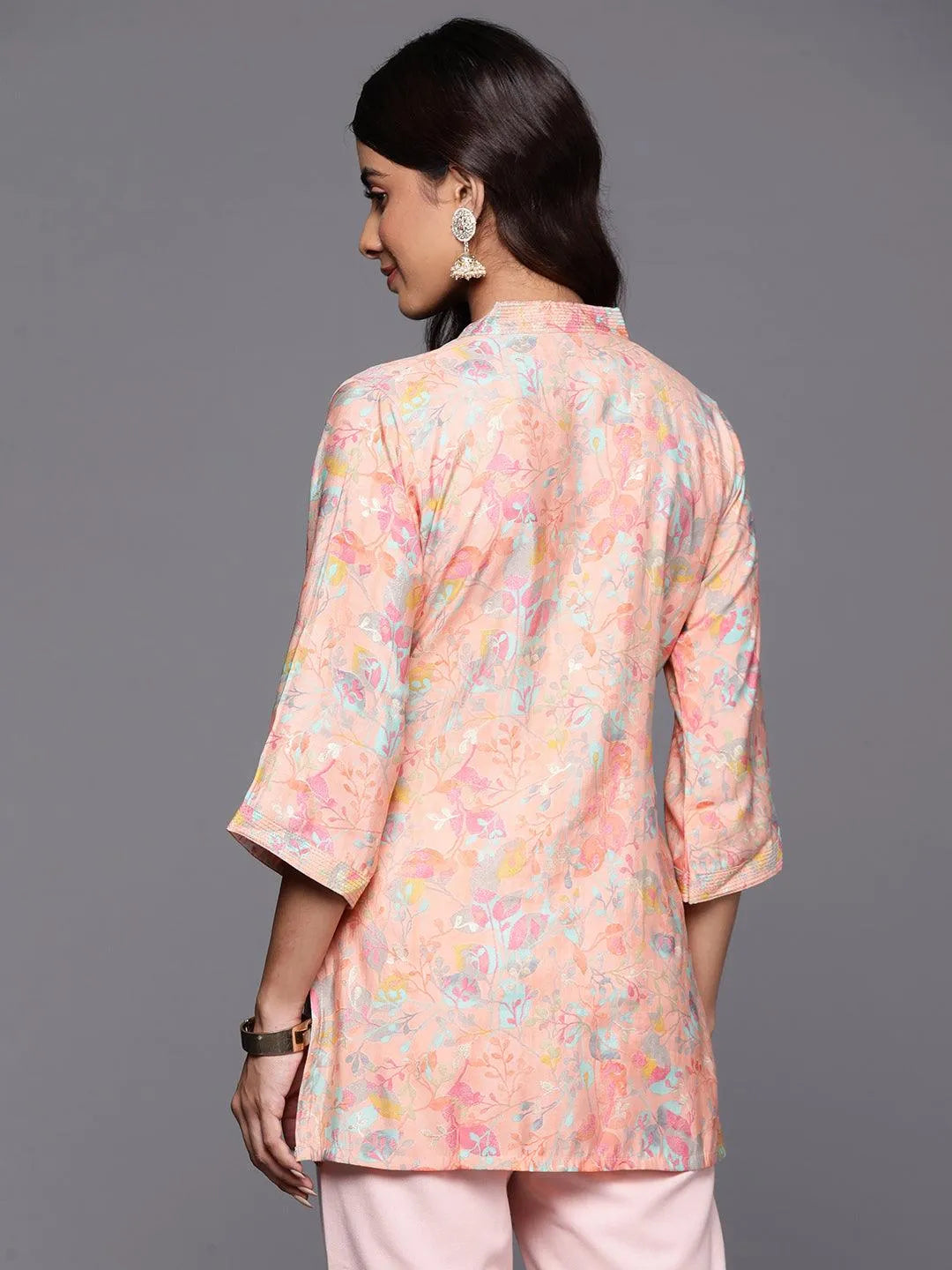 Peach Printed Silk Blend Straight Kurti - Libas