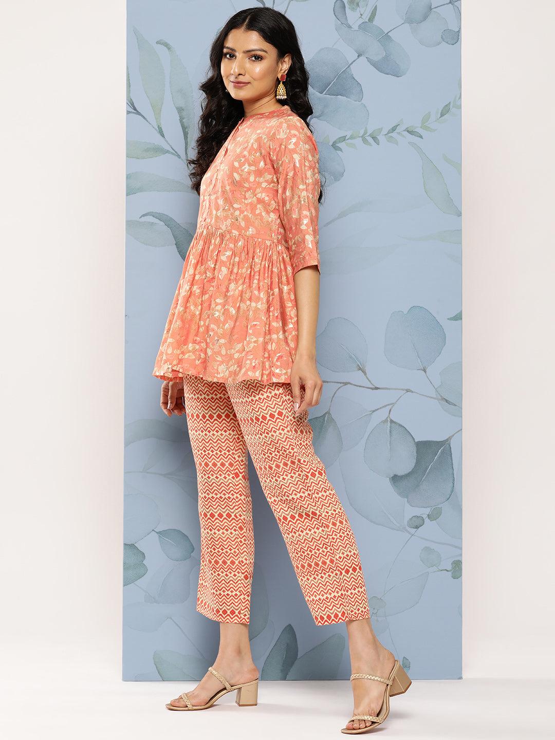 Peach Printed Silk Blend Co-Ords - Libas