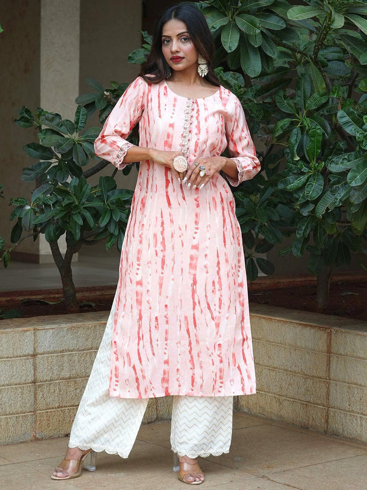 Peach Printed Silk Straight Kurta - Libas