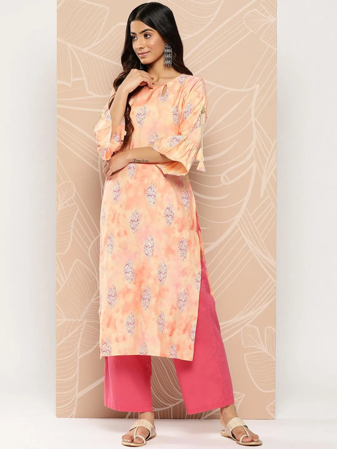 

Peach Printed Silk Straight Kurta