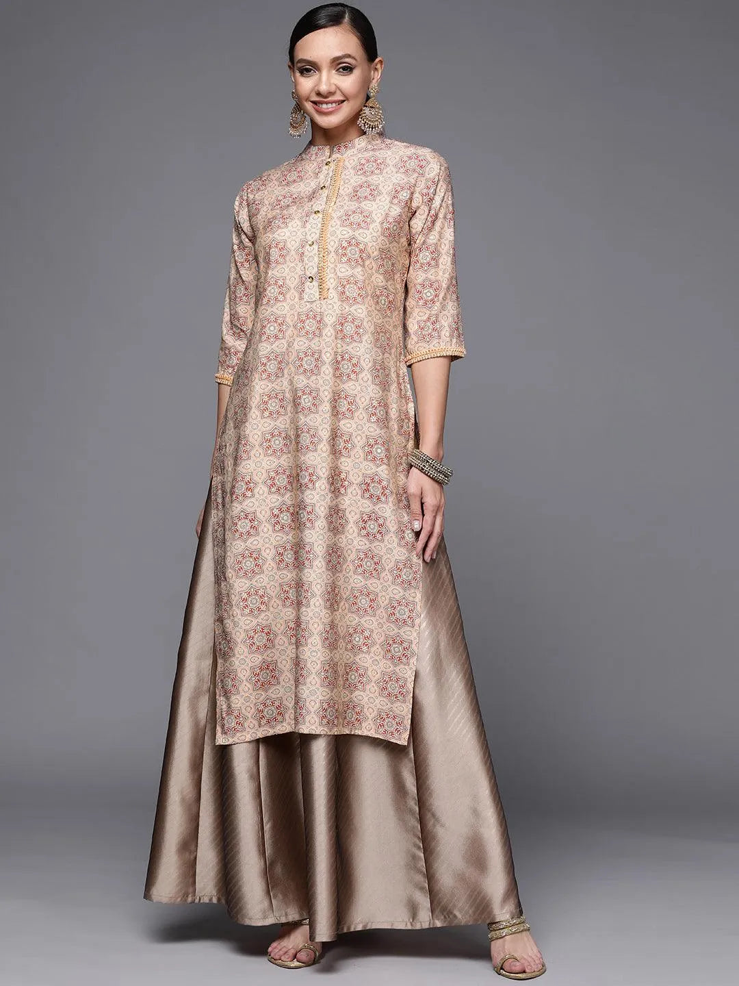 Peach Printed Silk Straight Kurta - Libas