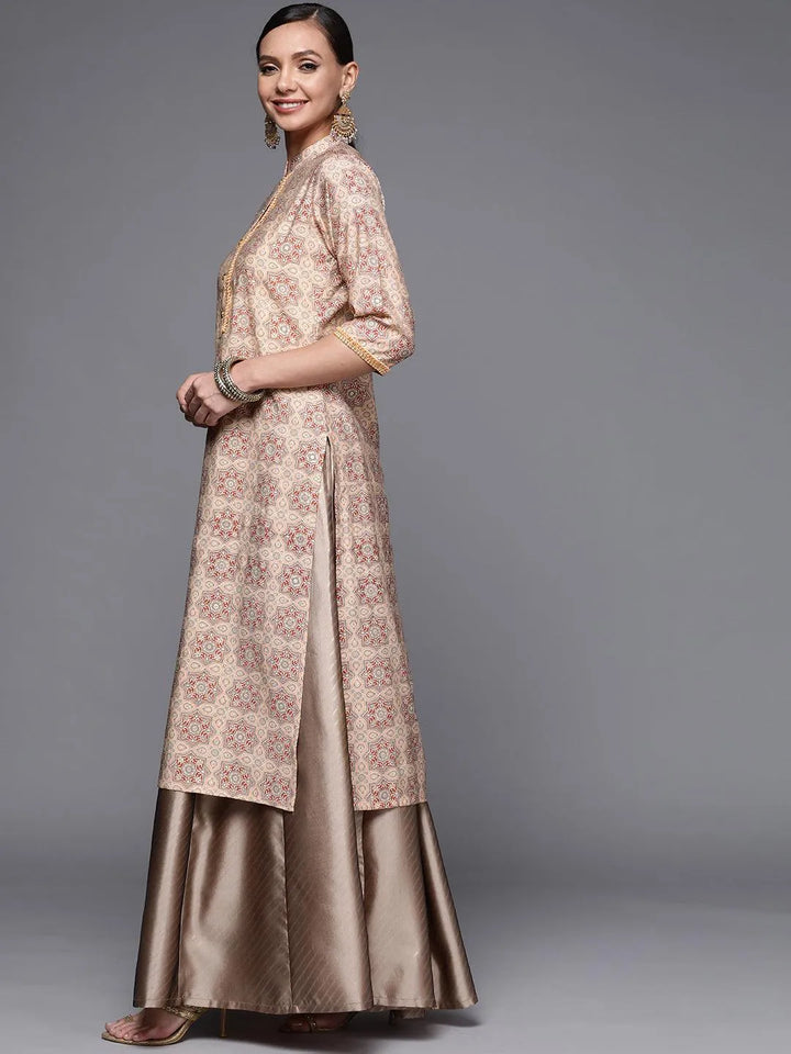 Peach Printed Silk Straight Kurta - Libas