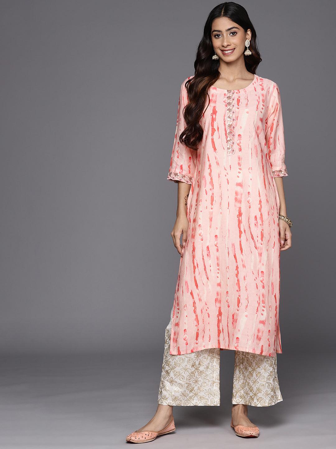 Peach Printed Silk Straight Kurta - Libas 