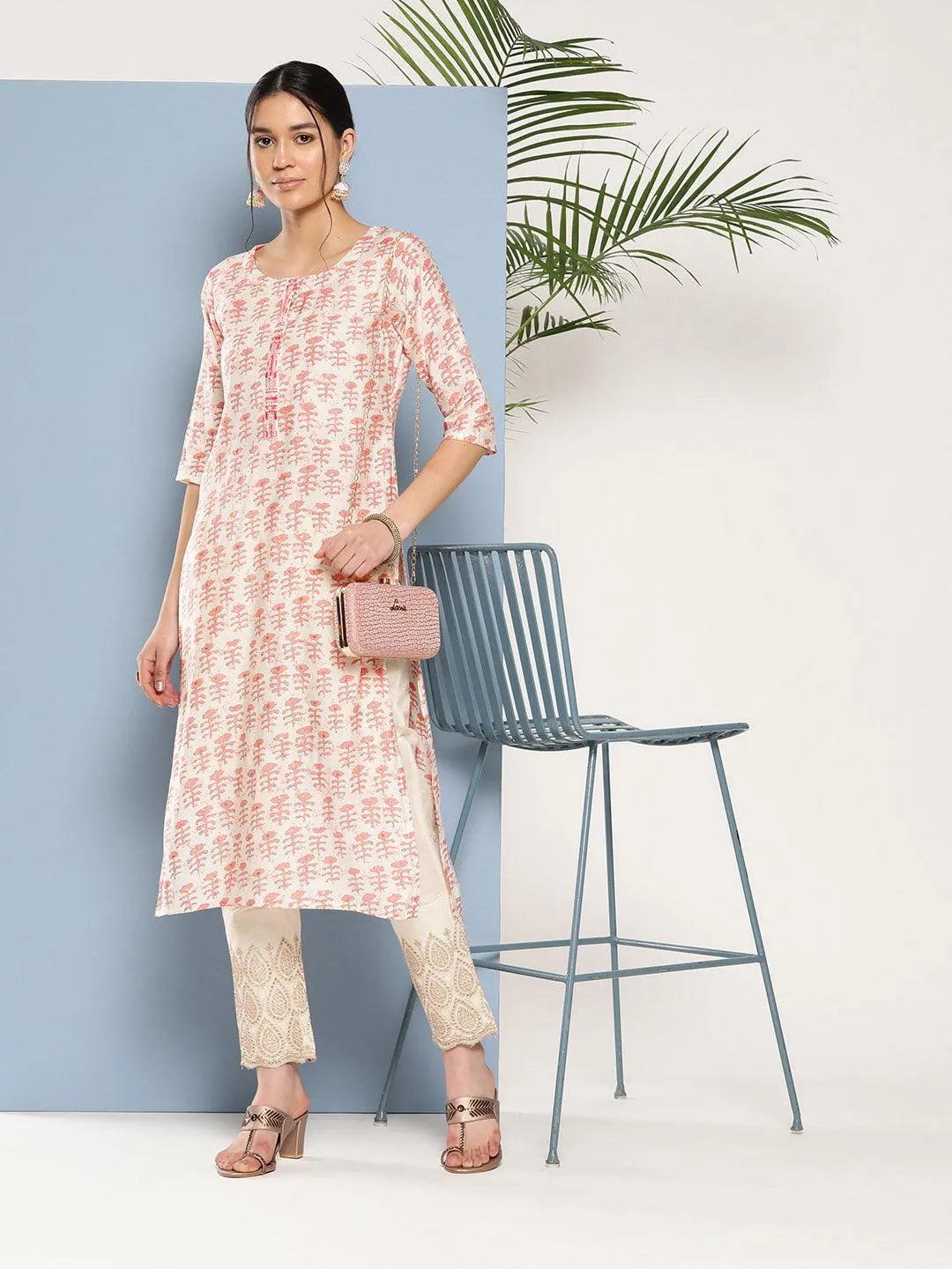 Peach Printed Silk Straight Kurta - Libas