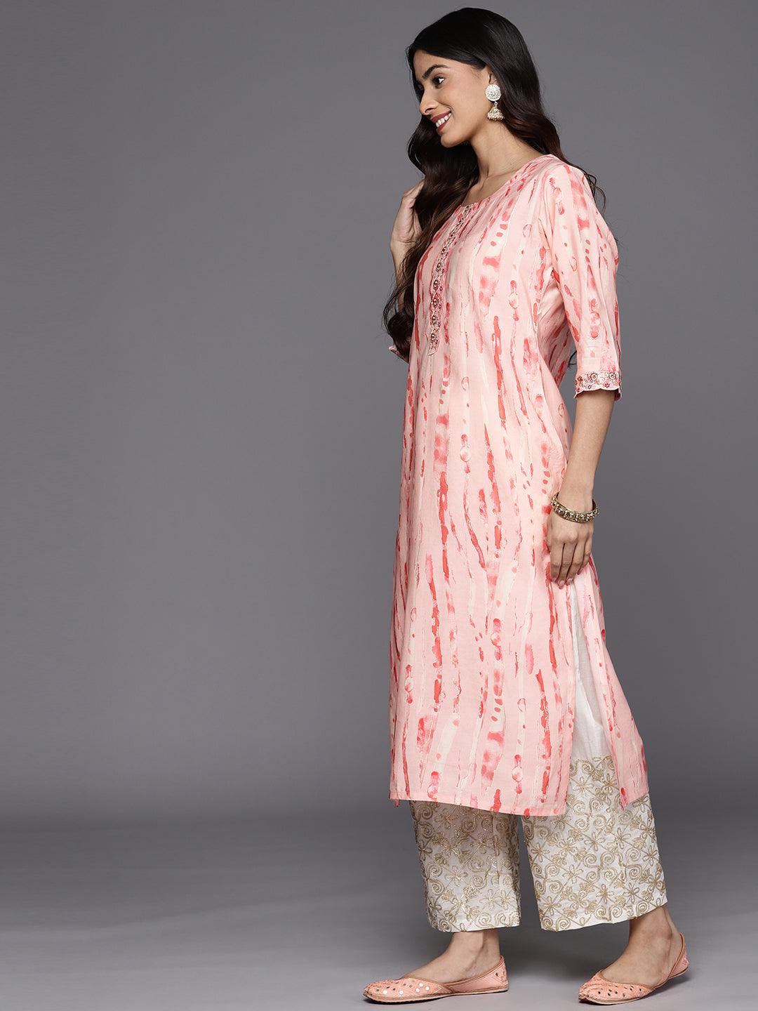 Peach Printed Silk Straight Kurta - Libas 