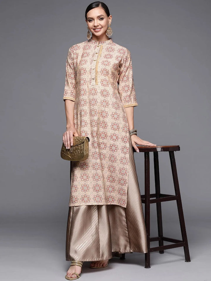 Peach Printed Silk Straight Kurta - Libas