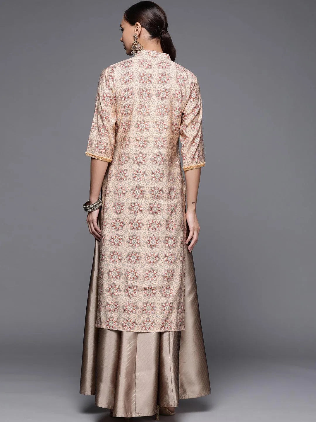 Peach Printed Silk Straight Kurta - Libas