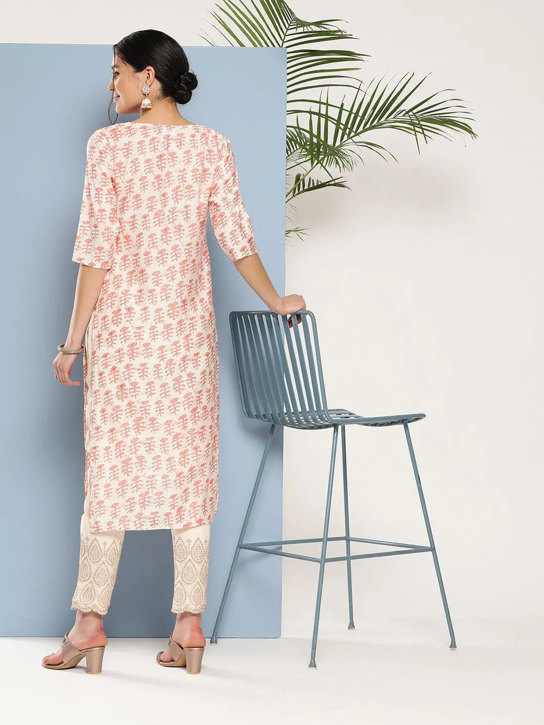 Peach Printed Silk Straight Kurta - Libas