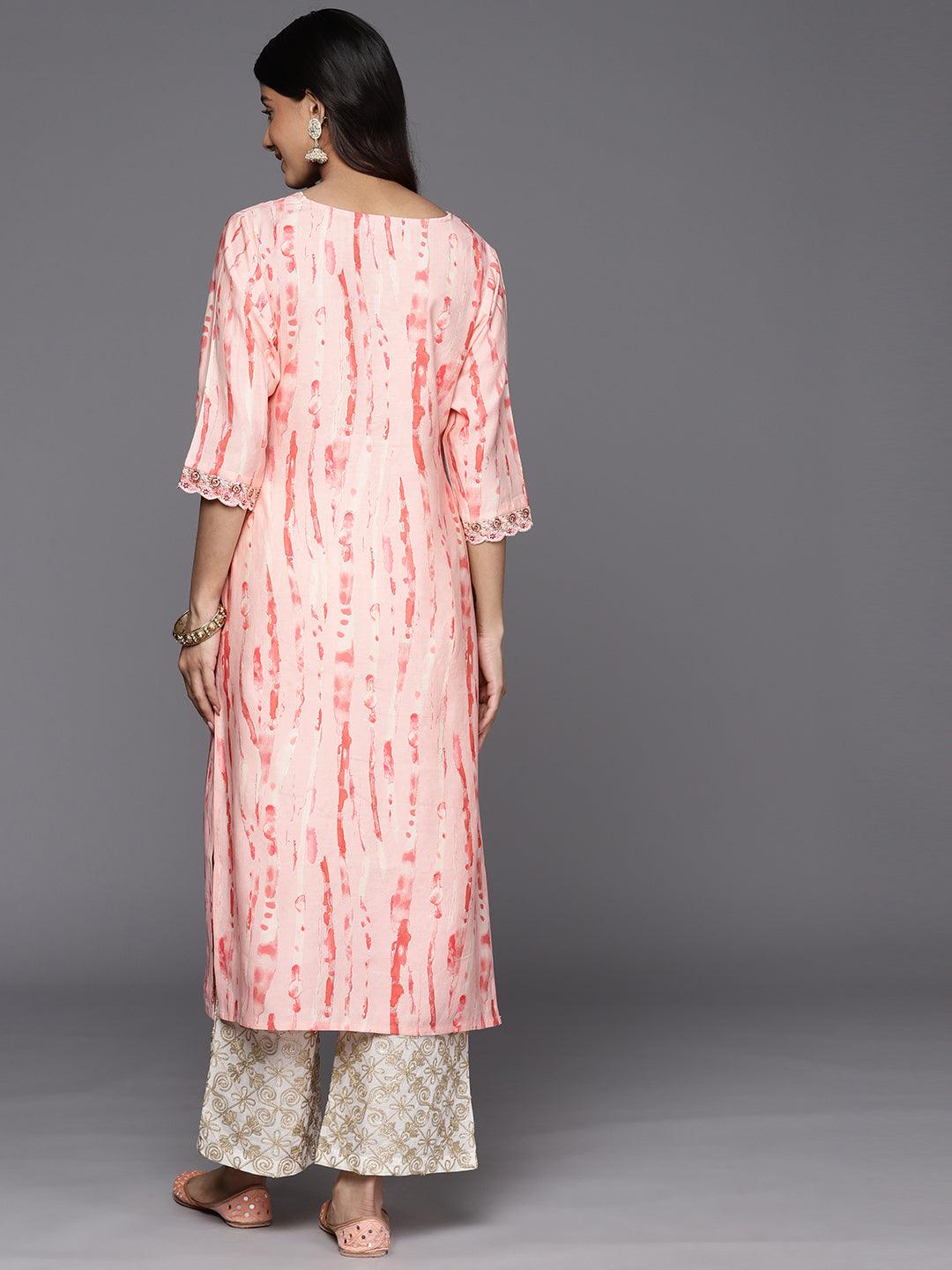 Peach Printed Silk Straight Kurta - Libas 