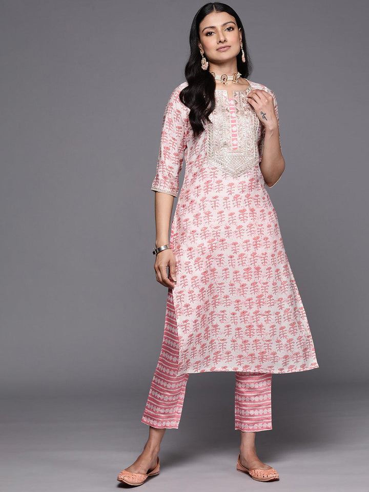 Peach Printed Silk Straight Kurta Set With Trousers - Libas