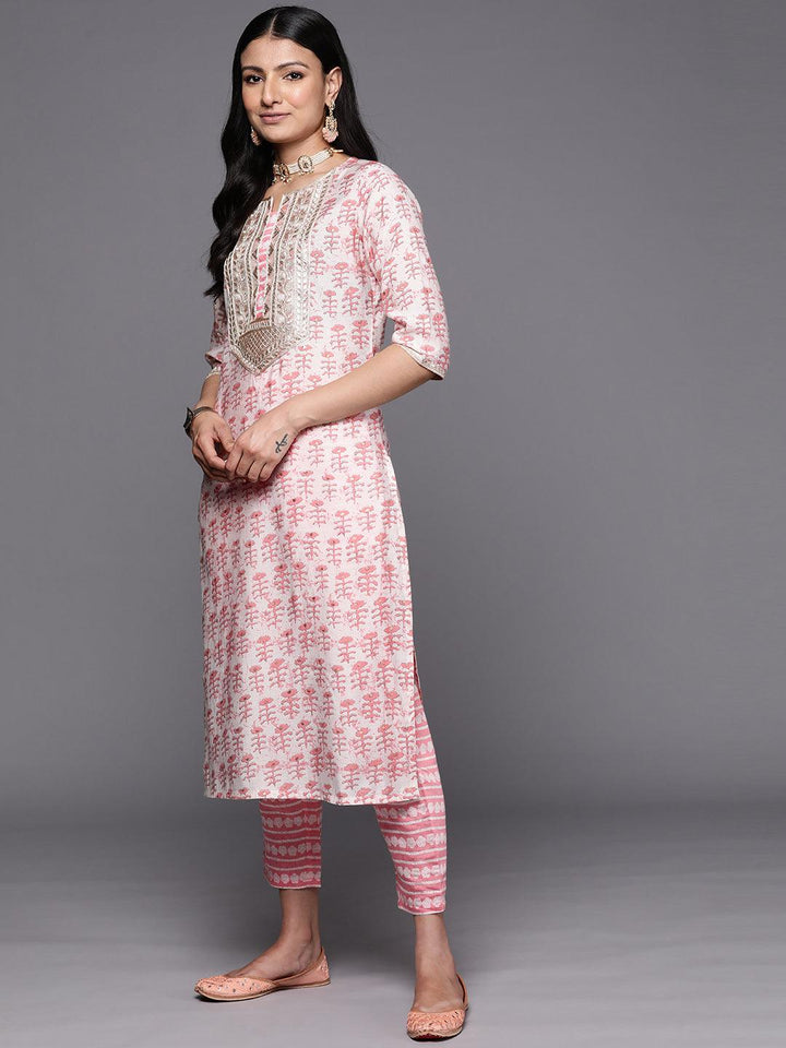 Peach Printed Silk Straight Kurta Set With Trousers - Libas