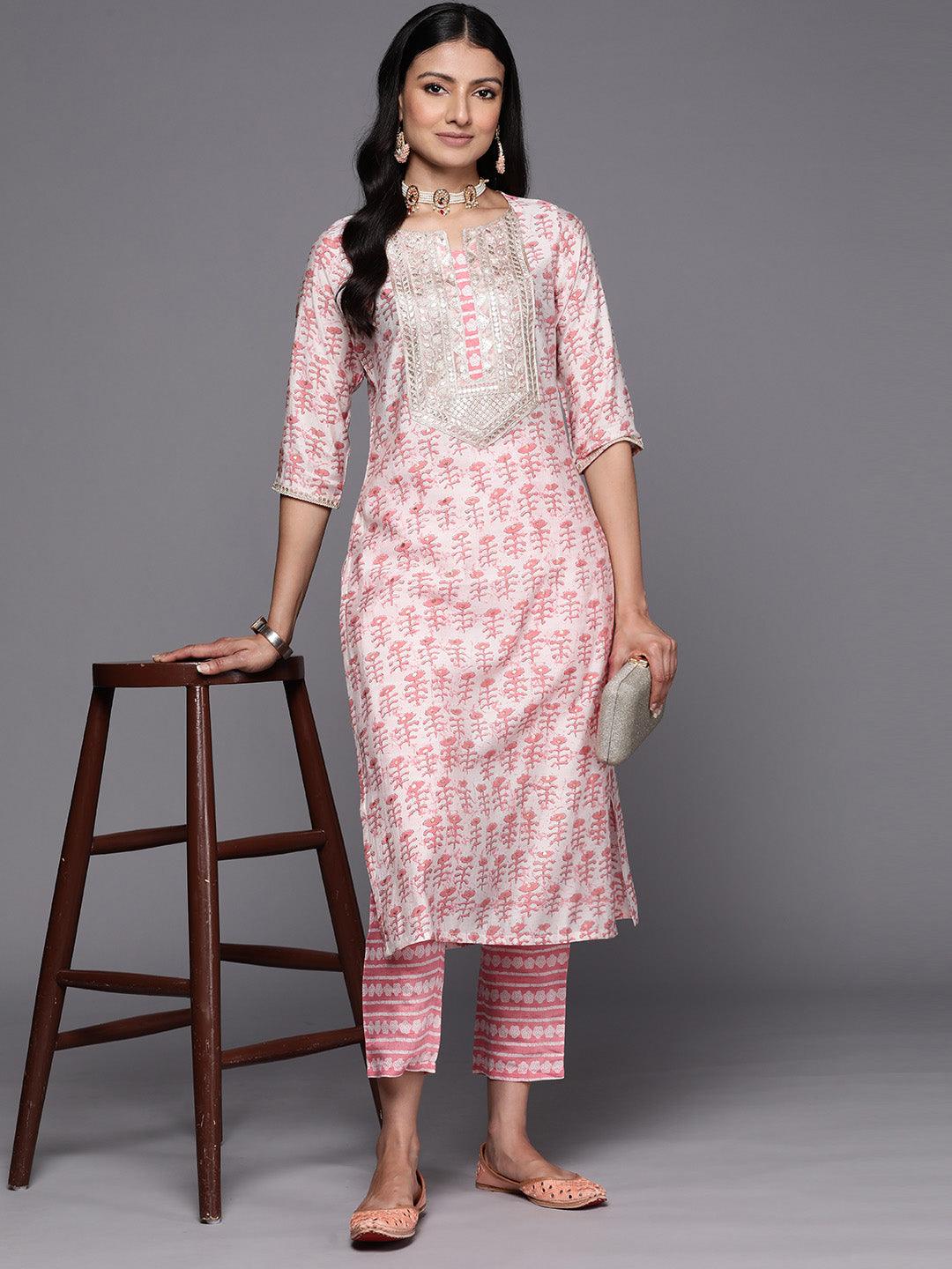 Peach Printed Silk Straight Kurta Set With Trousers - Libas