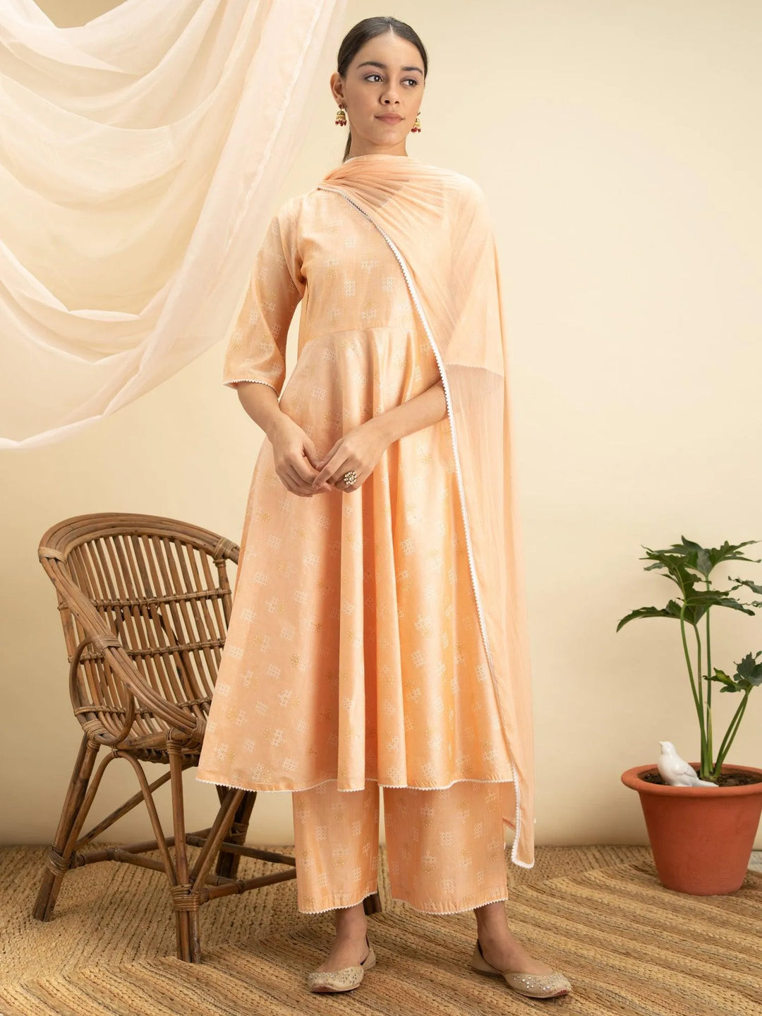 Peach Printed Tusaar Silk Suit Set - Libas 