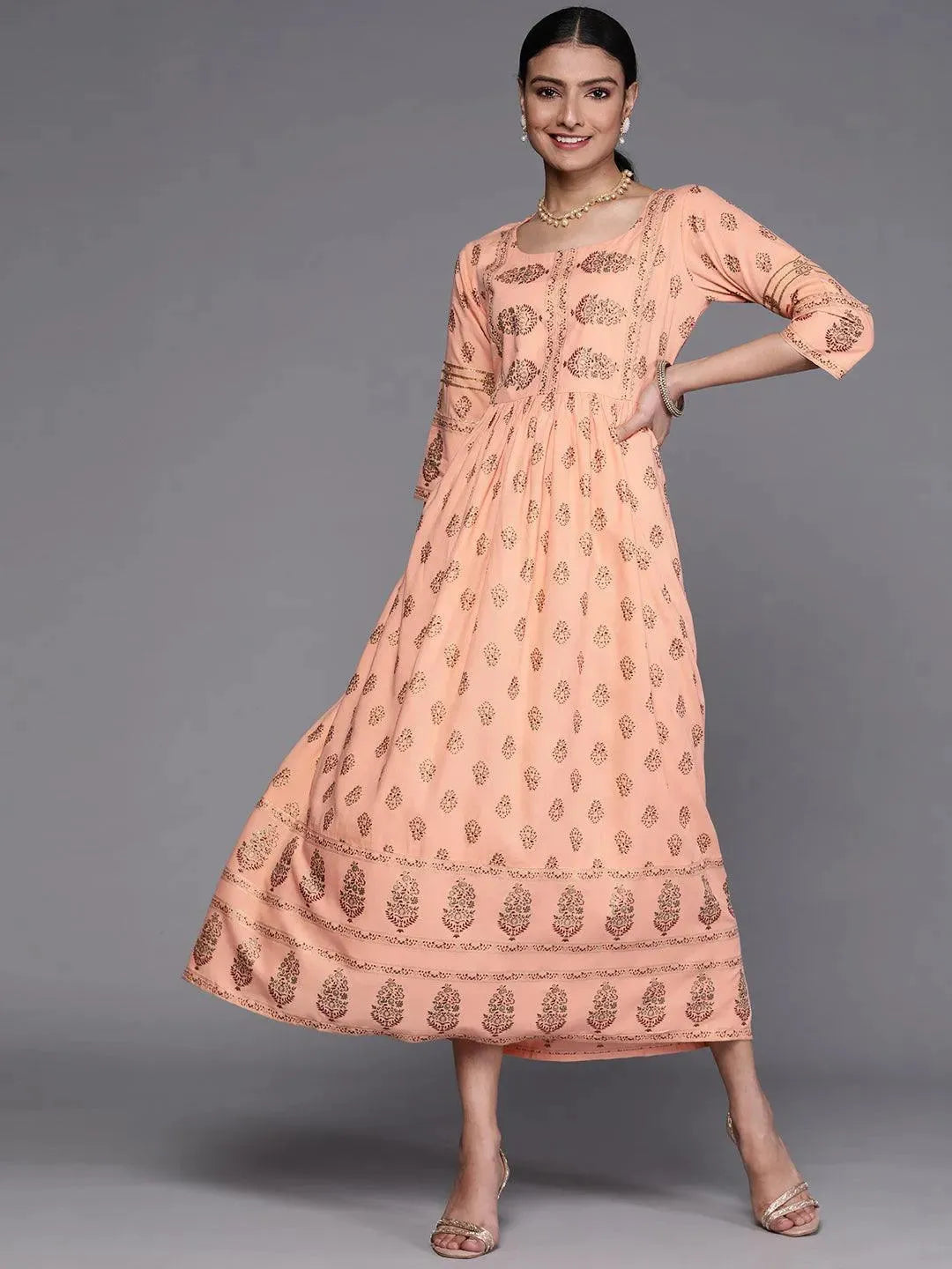 

Buy Peach Printed Viscose Rayon Dress - 23203O- | Libas Ethnic Wear Online