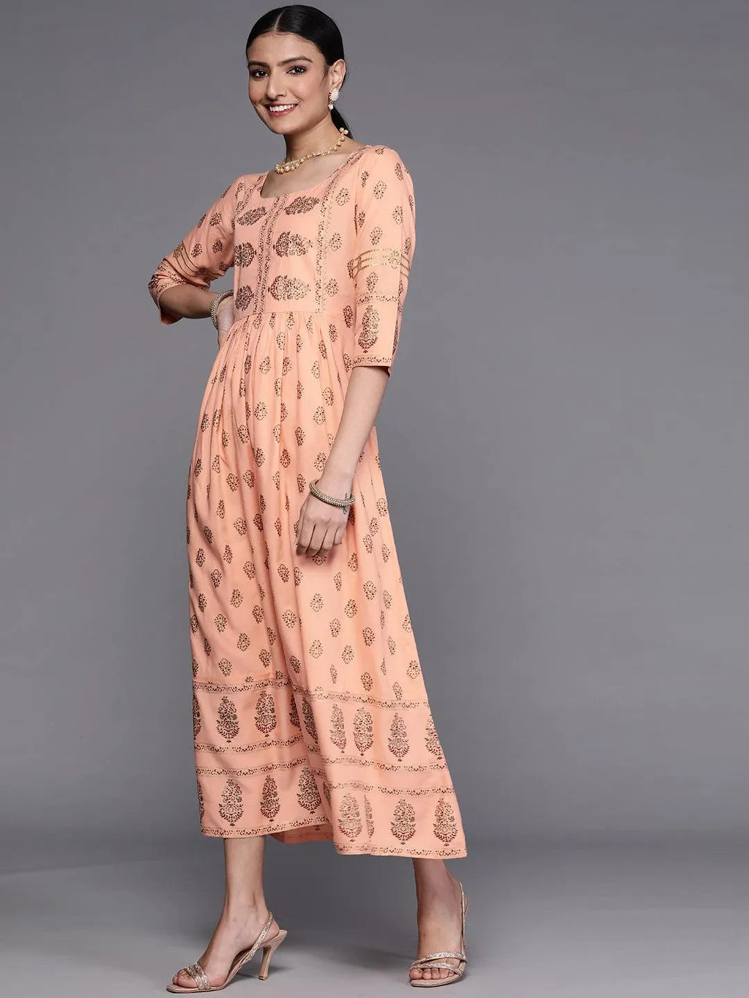 Peach Printed Viscose Rayon Dress - Libas