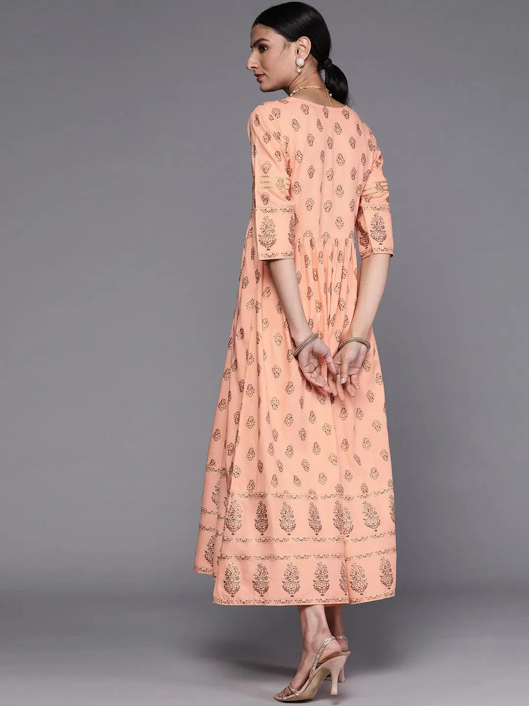 Peach Printed Viscose Rayon Dress - Libas