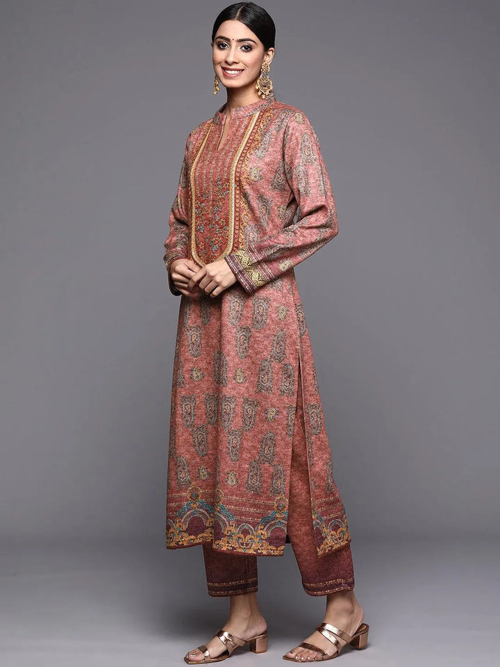 Peach Printed Wool Straight Suit Set - Libas