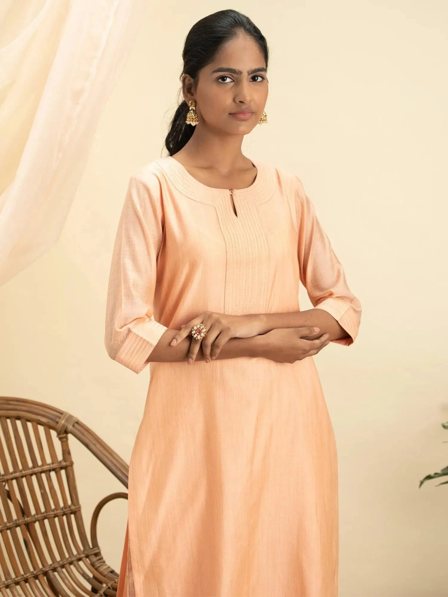 

Buy Peach Self Design Chanderi Silk Kurta Set - 13088O-XS | Libas Ethnic Wear Online