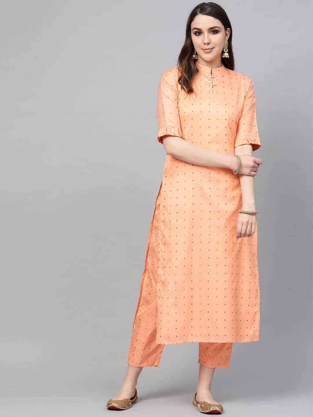 Peach Self Design Polyester Kurta Set - Libas