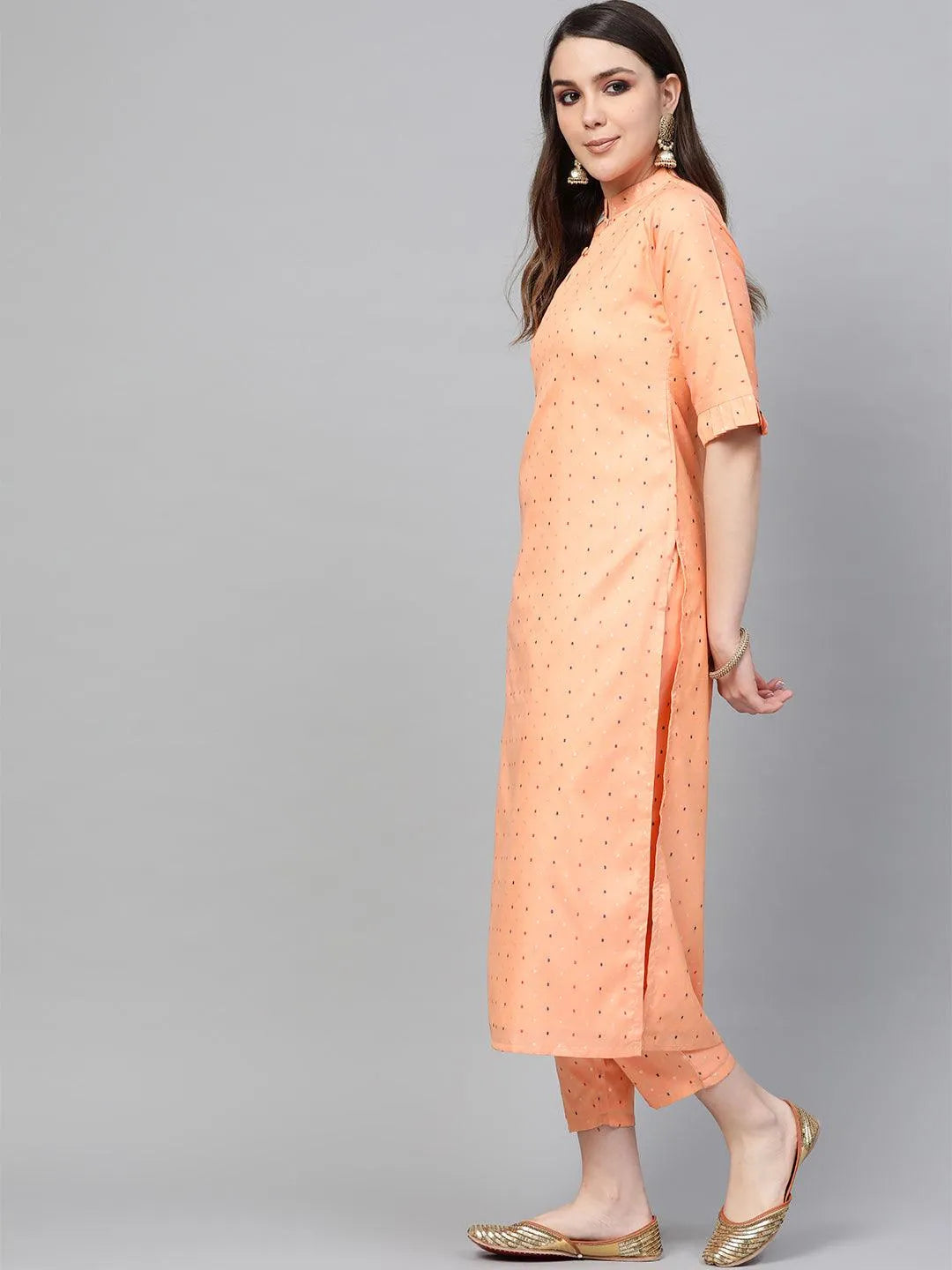 Peach Self Design Polyester Kurta Set - Libas