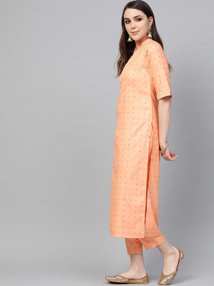 Peach Self Design Polyester Kurta Set - Libas