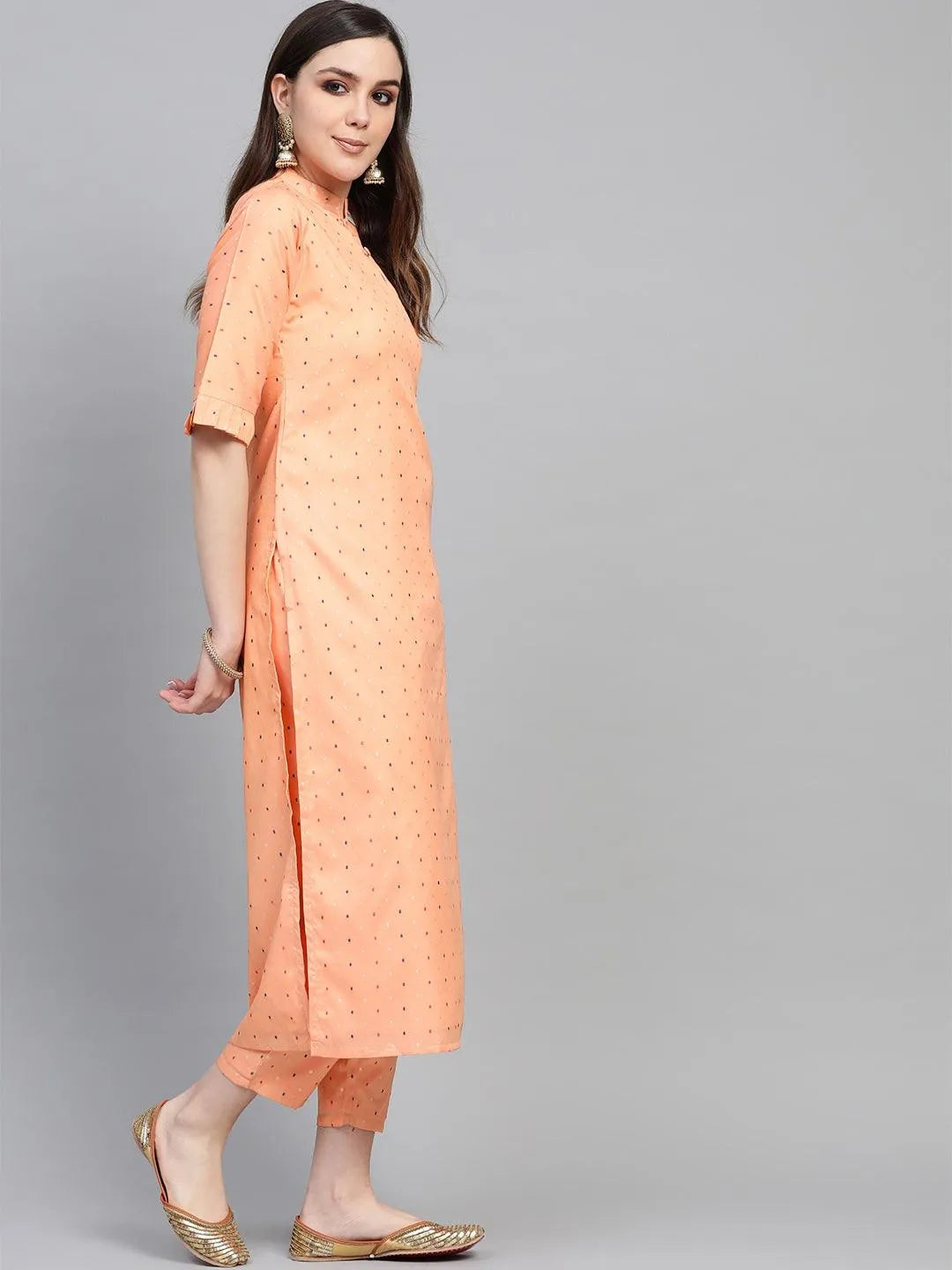 Peach Self Design Polyester Kurta Set - Libas