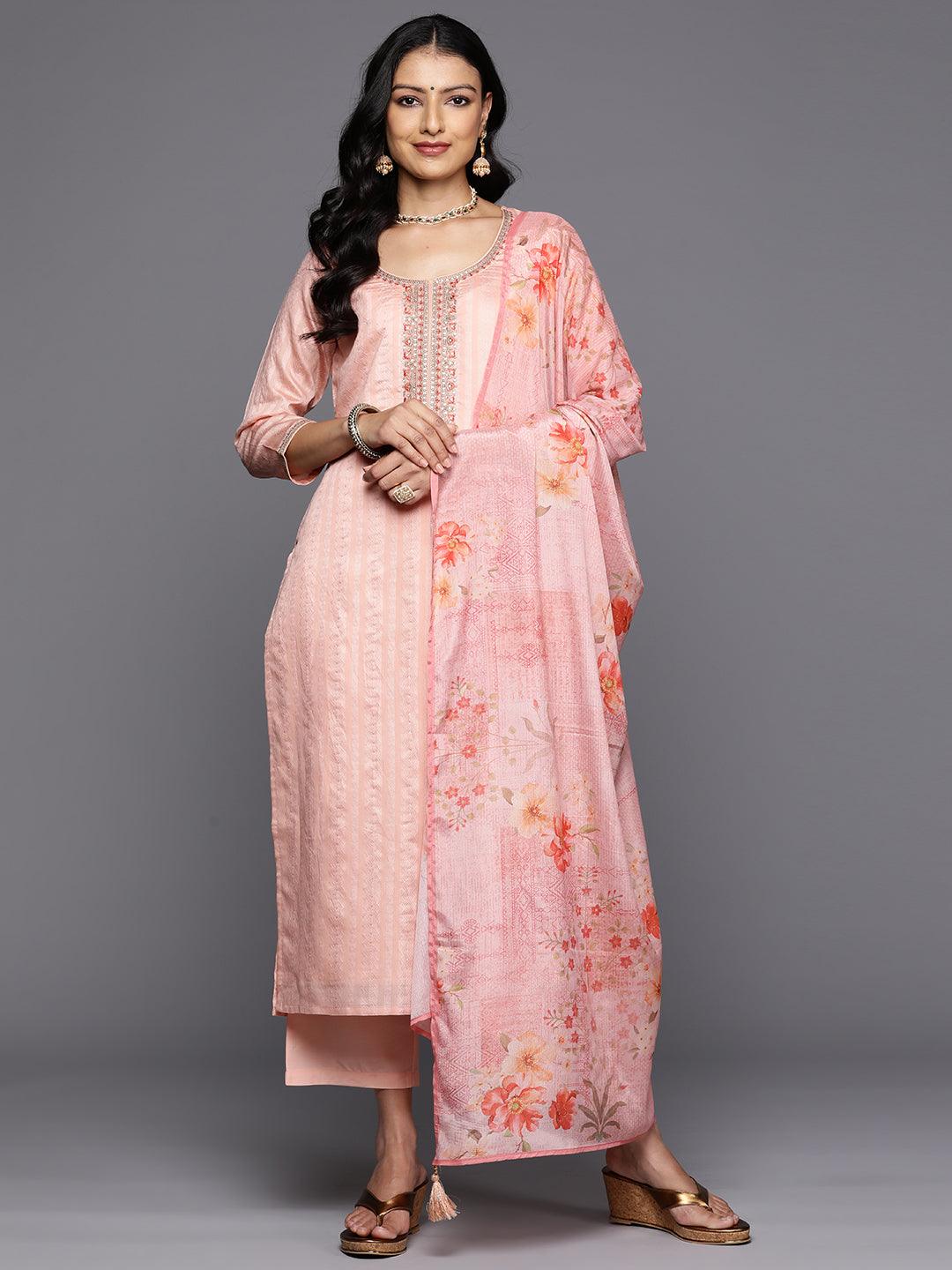 Peach Self Design Rayon Straight Kurta With Trousers & Dupatta - Libas