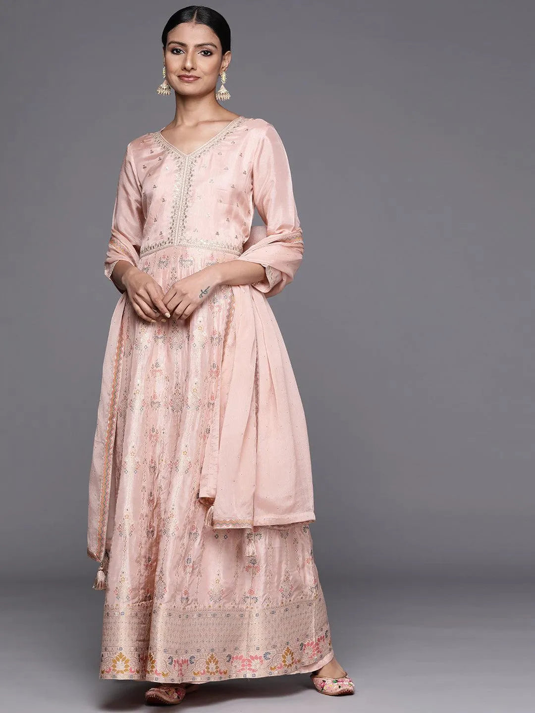 Peach Self Design Silk Anarkali Suit Set - Libas 