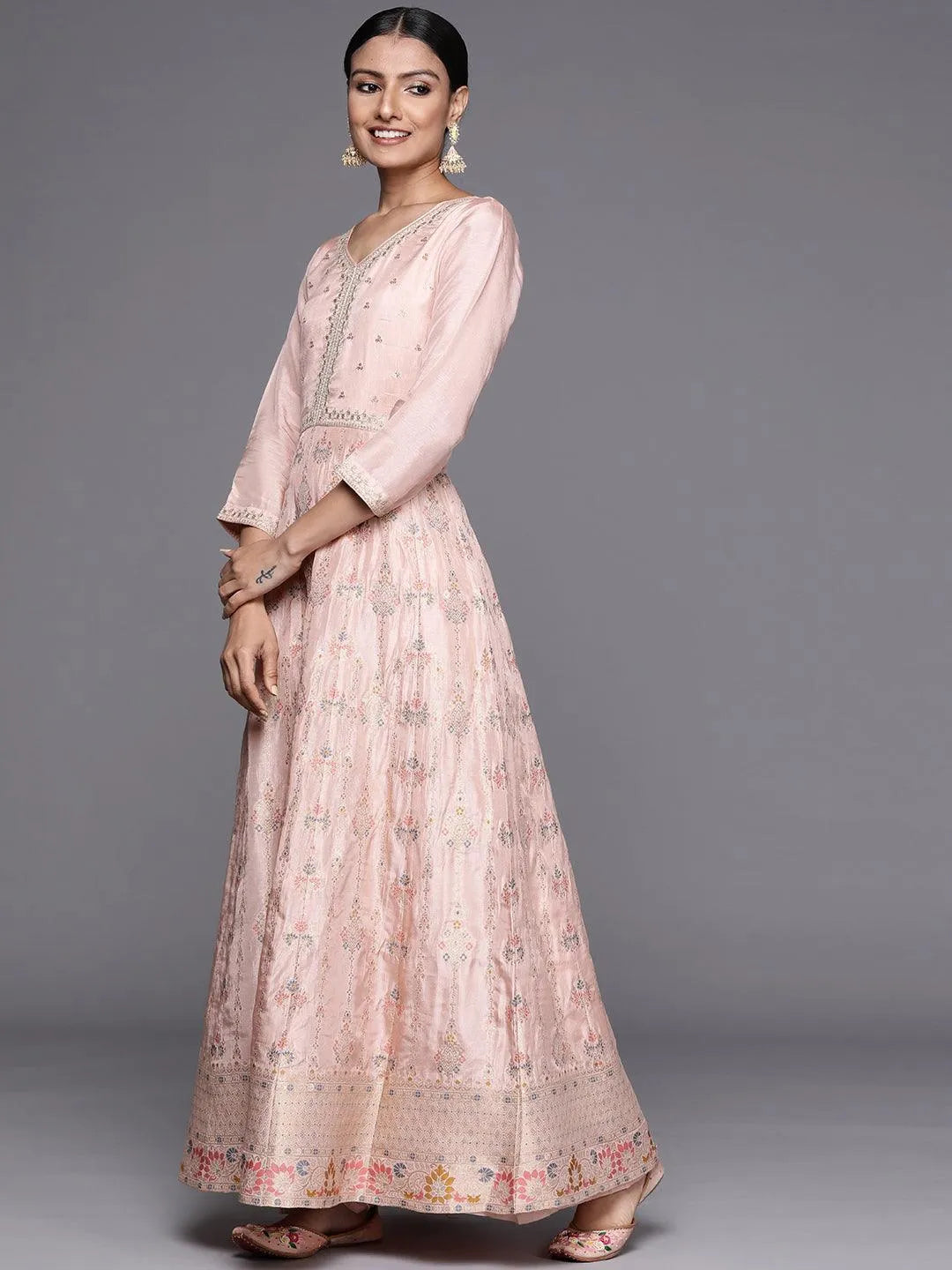 Peach Self Design Silk Anarkali Suit Set - Libas