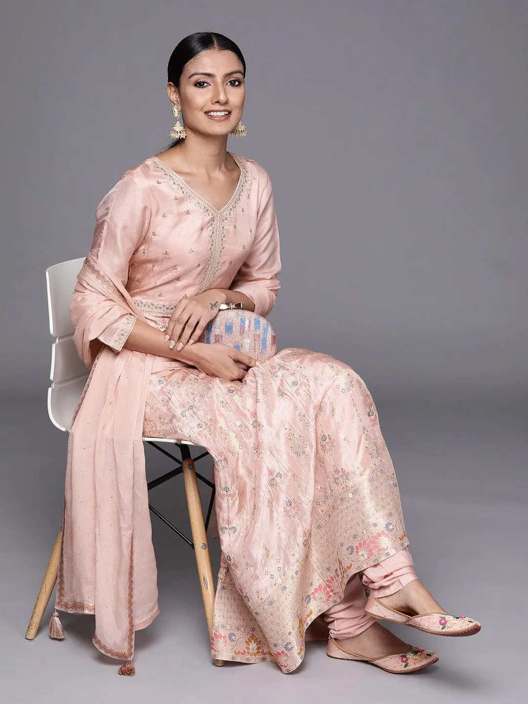 Peach Self Design Silk Anarkali Suit Set - Libas 