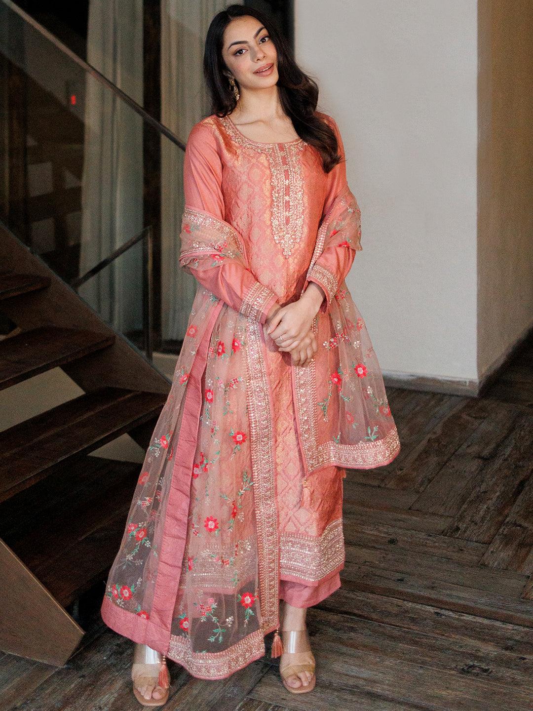 Peach Self Design Silk Blend Straight Suit Set - Libas