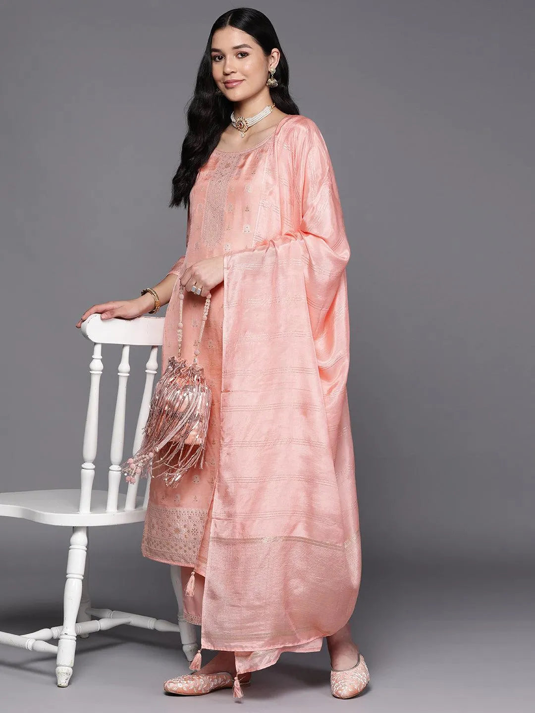 Peach Self Design Silk Blend Suit Set With Trousers - Libas