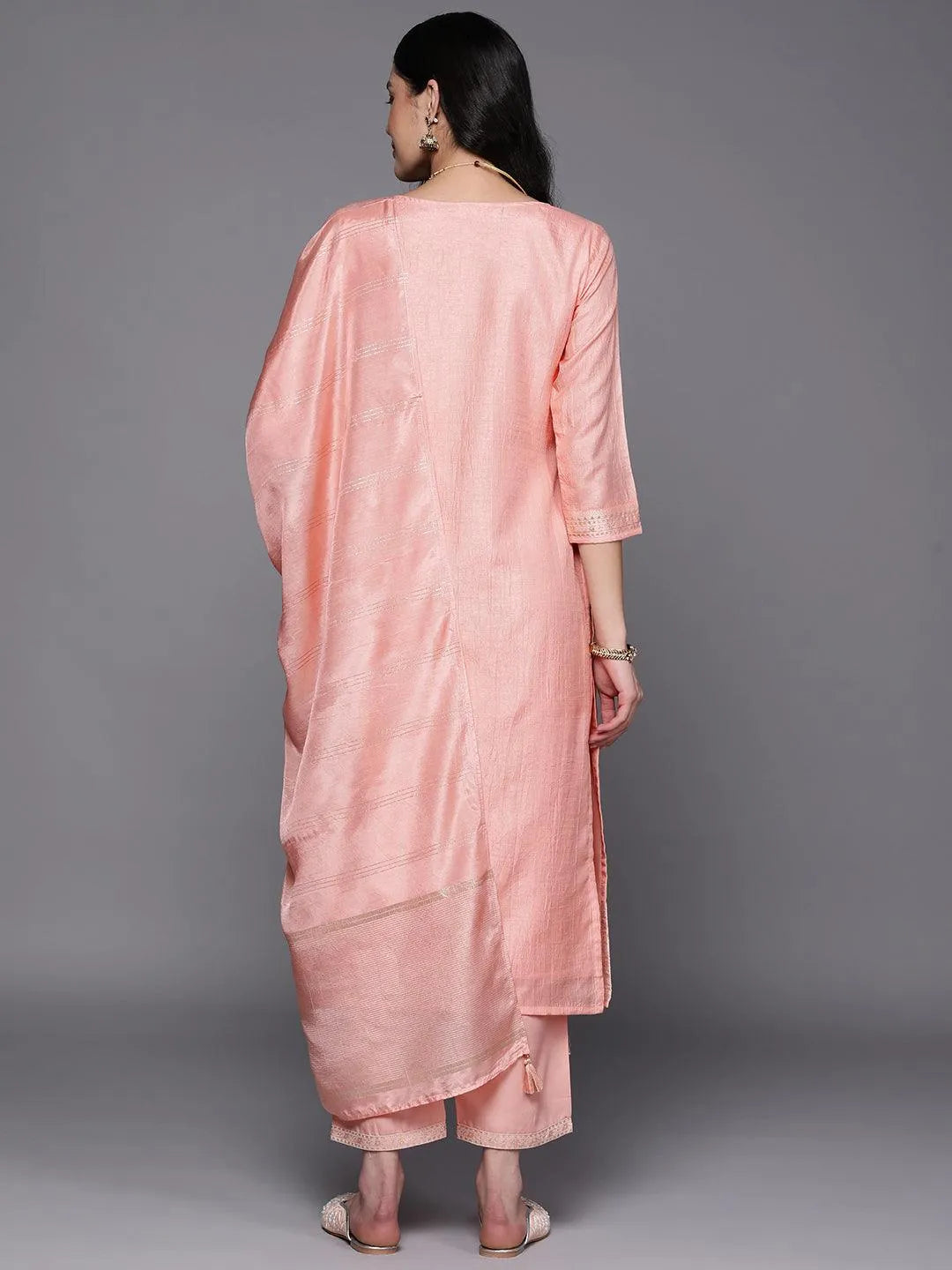 Peach Self Design Silk Blend Suit Set With Trousers - Libas