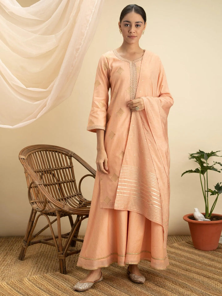 Peach Self Design Silk Suit Set - Libas