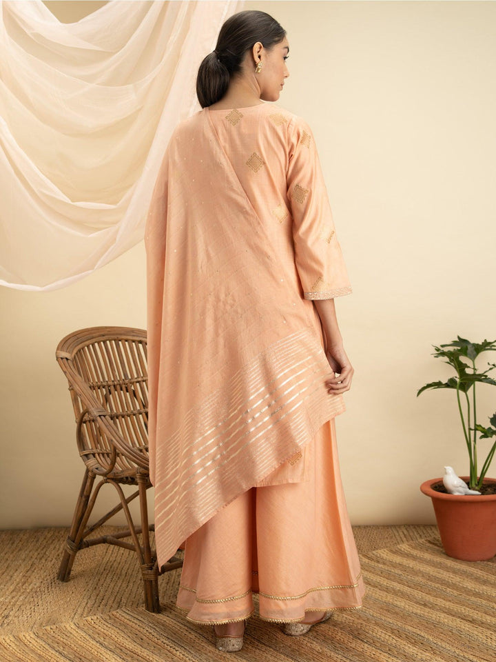 Peach Self Design Silk Suit Set - Libas