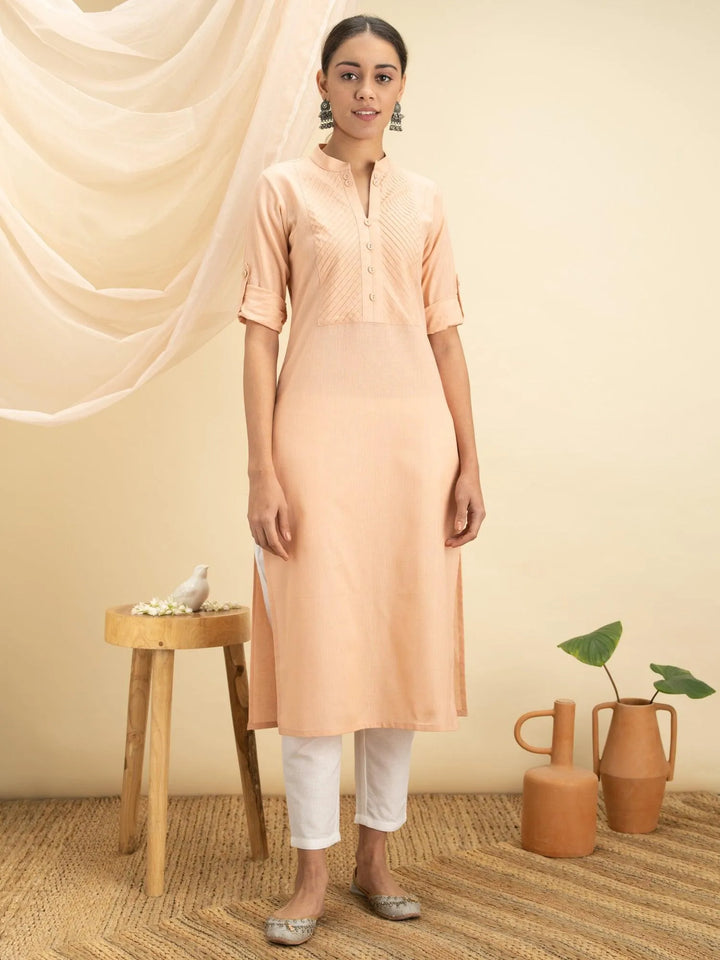 Peach Solid Cotton Kurta - Libas