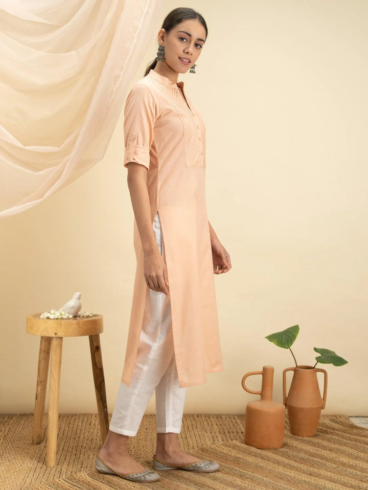 Peach Solid Cotton Kurta - Libas