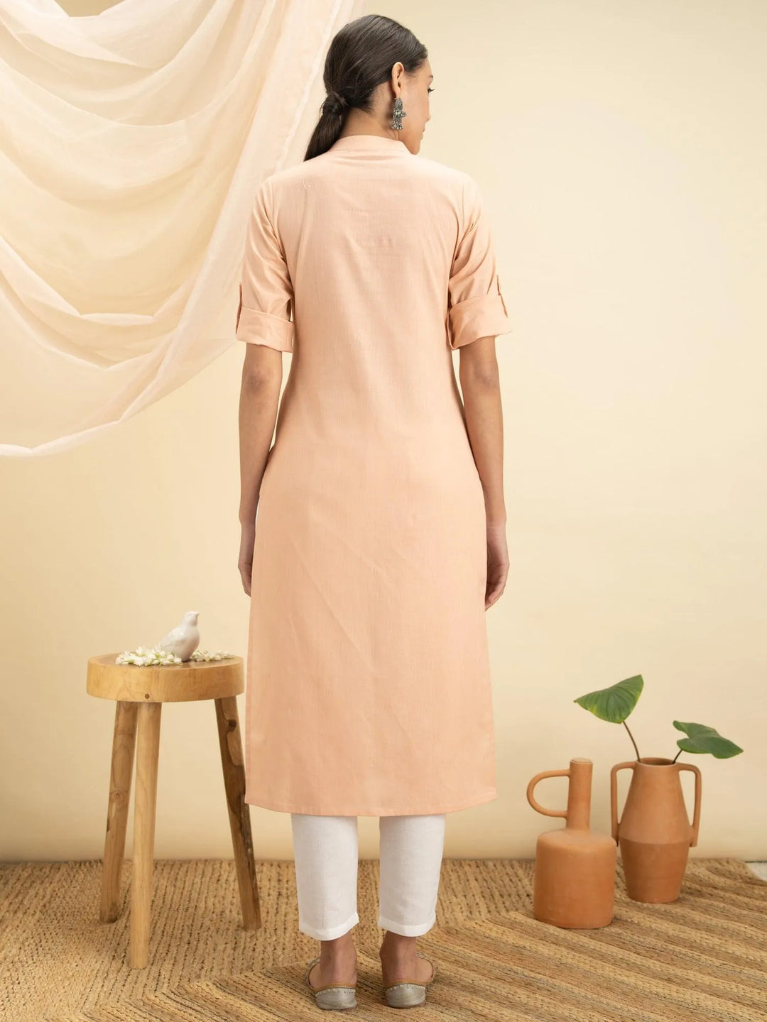 Peach Solid Cotton Kurta - Libas