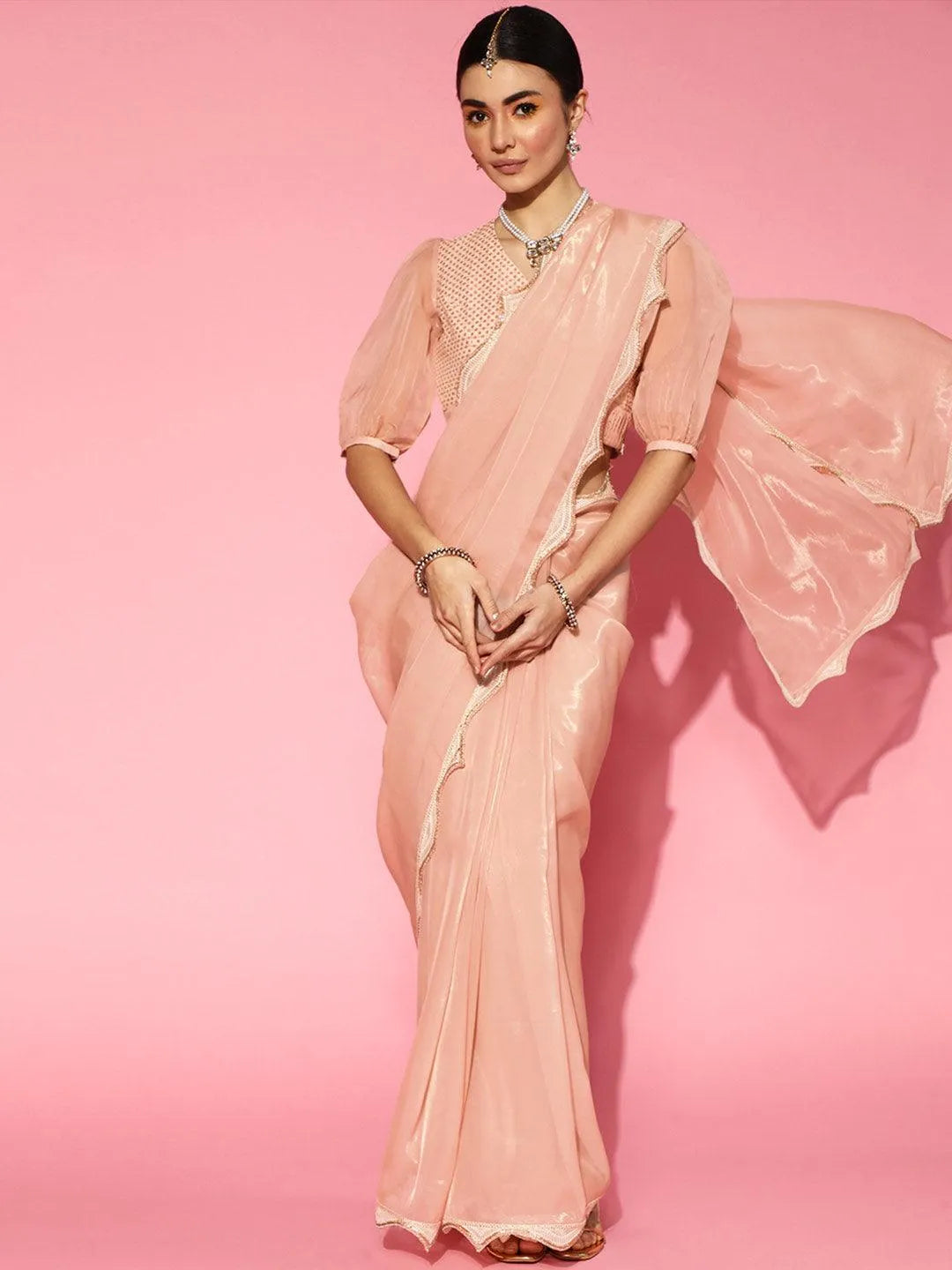 Peach Solid Organza Ready to Wear Saree - Libas 