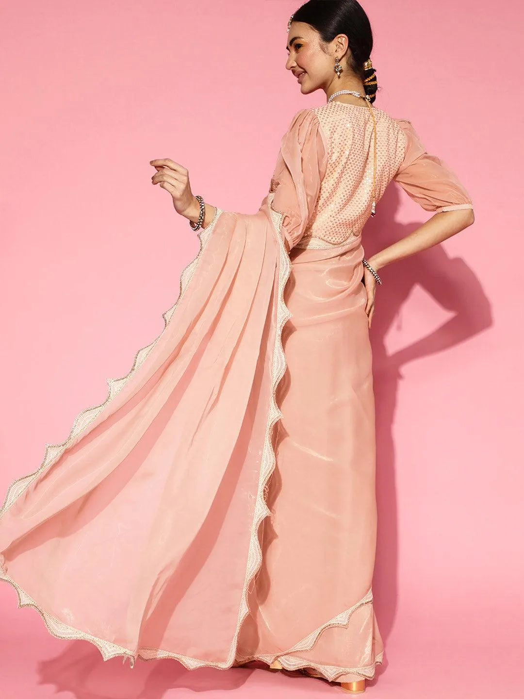 Peach Solid Organza Ready to Wear Saree - Libas 