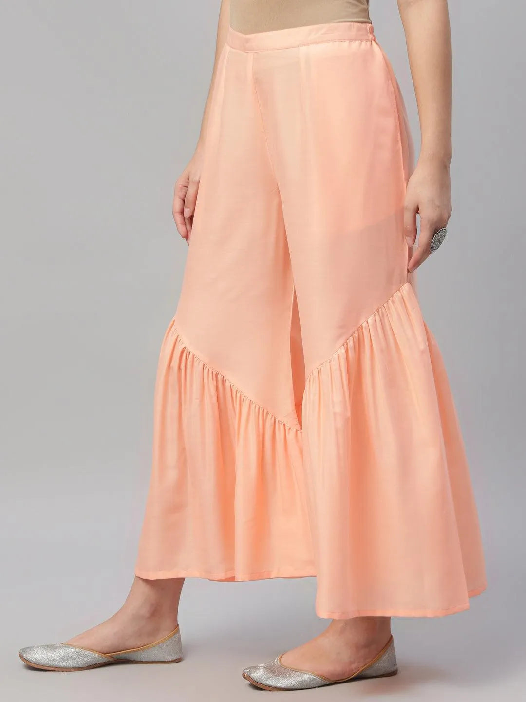 Peach Solid Polyester Sharara Pants - Libas 