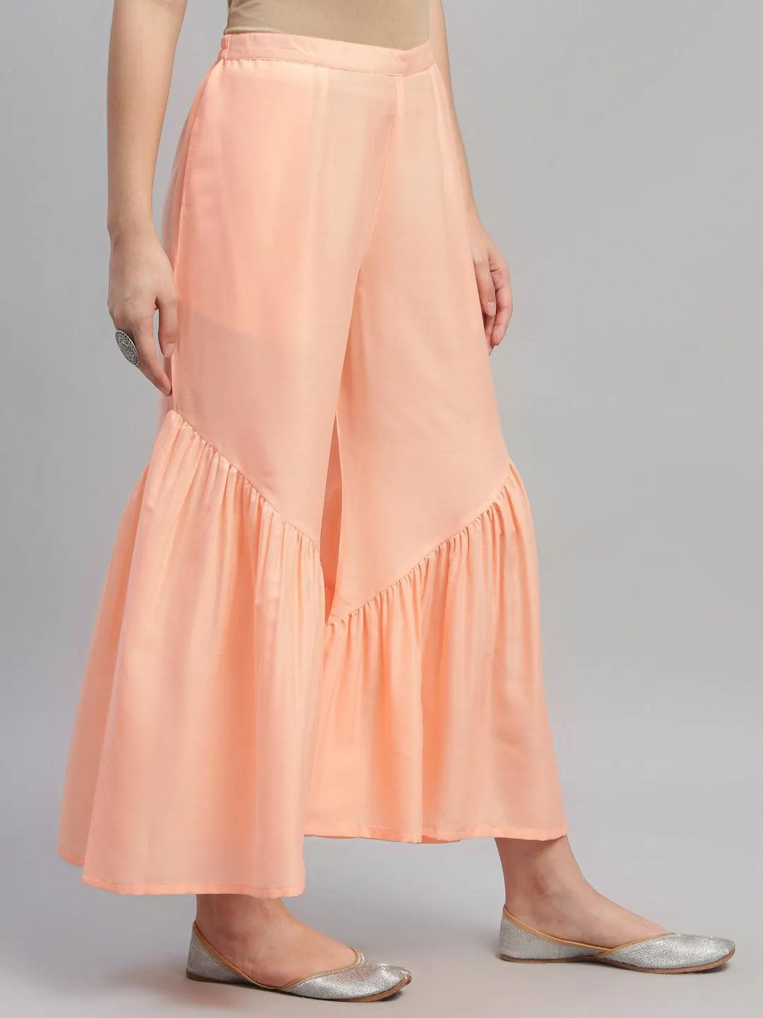 Peach Solid Polyester Sharara Pants - Libas 