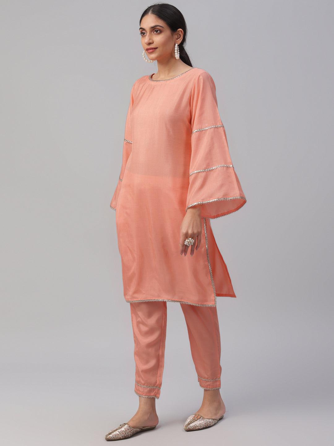 Peach Solid Polyester Straight Kurta With Dhoti Pant & Dupatta