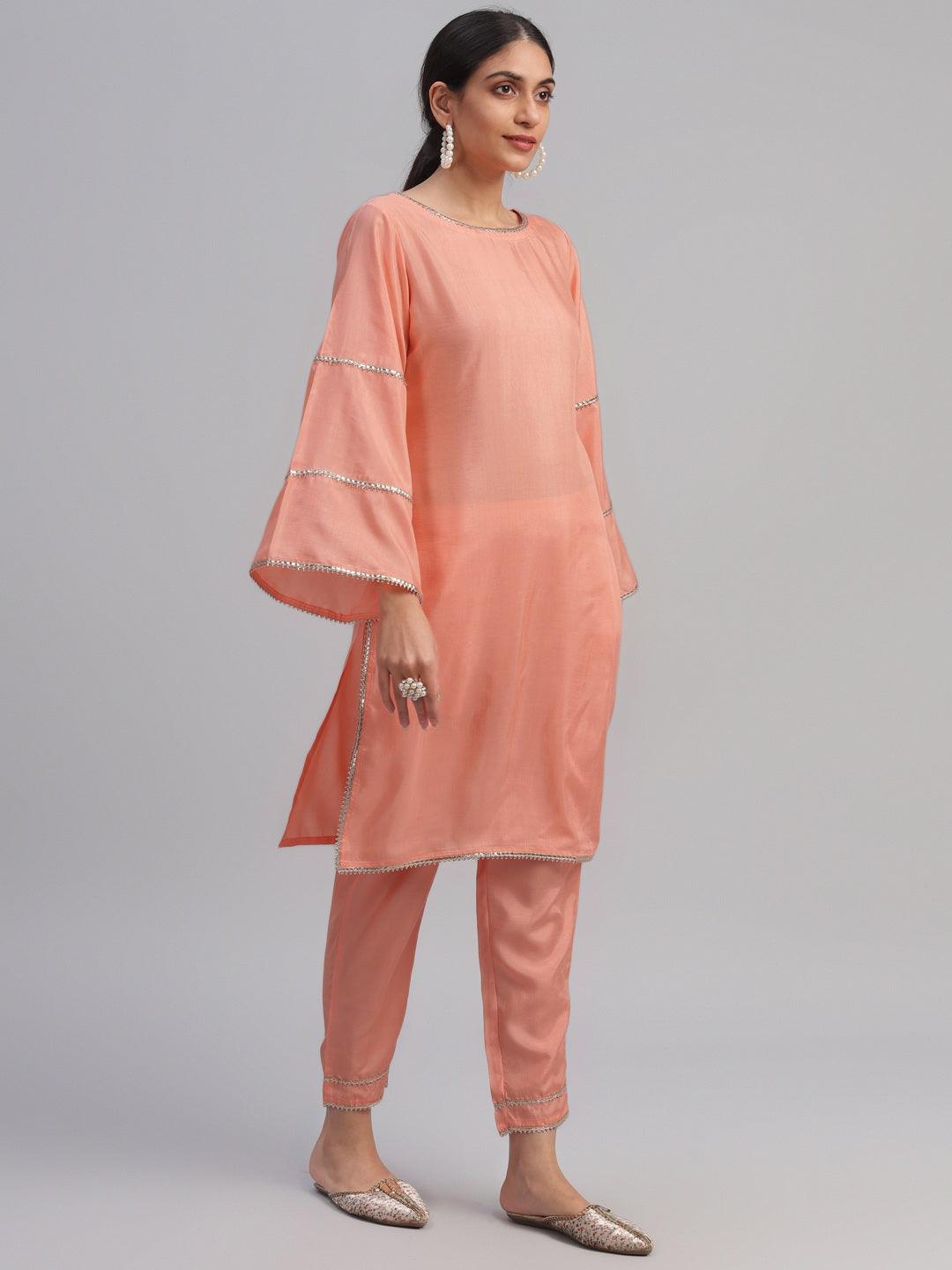 Peach Solid Polyester Straight Kurta With Dhoti Pant & Dupatta