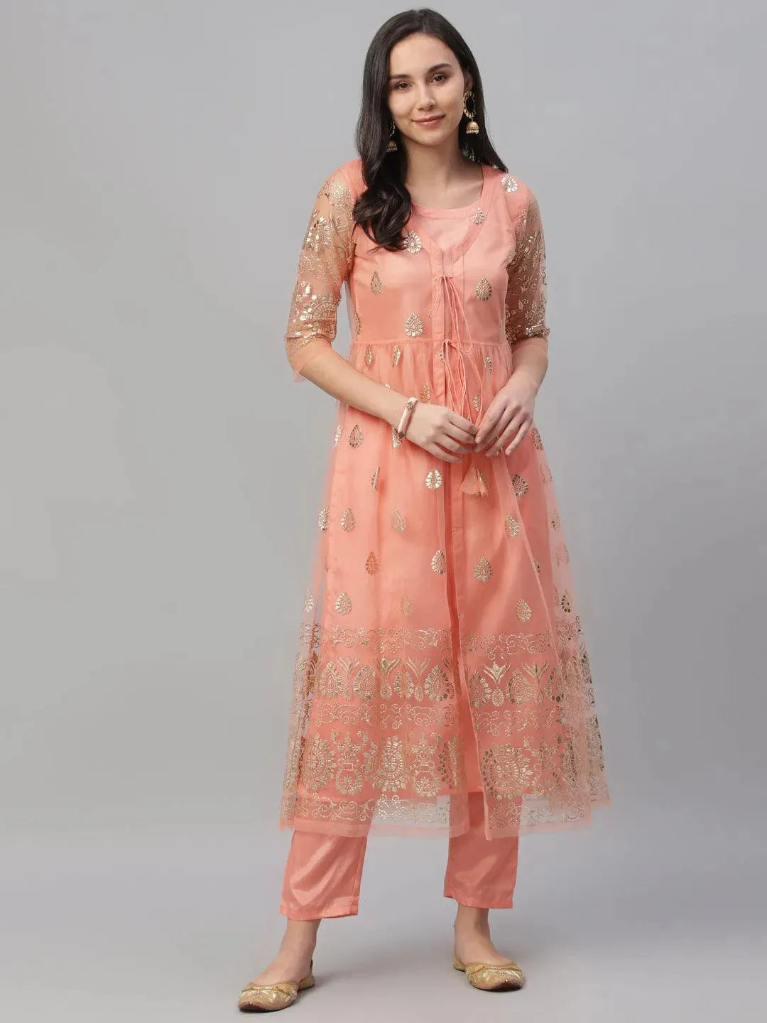 

Peach Solid Shantoon Straight Kurta With Shrug